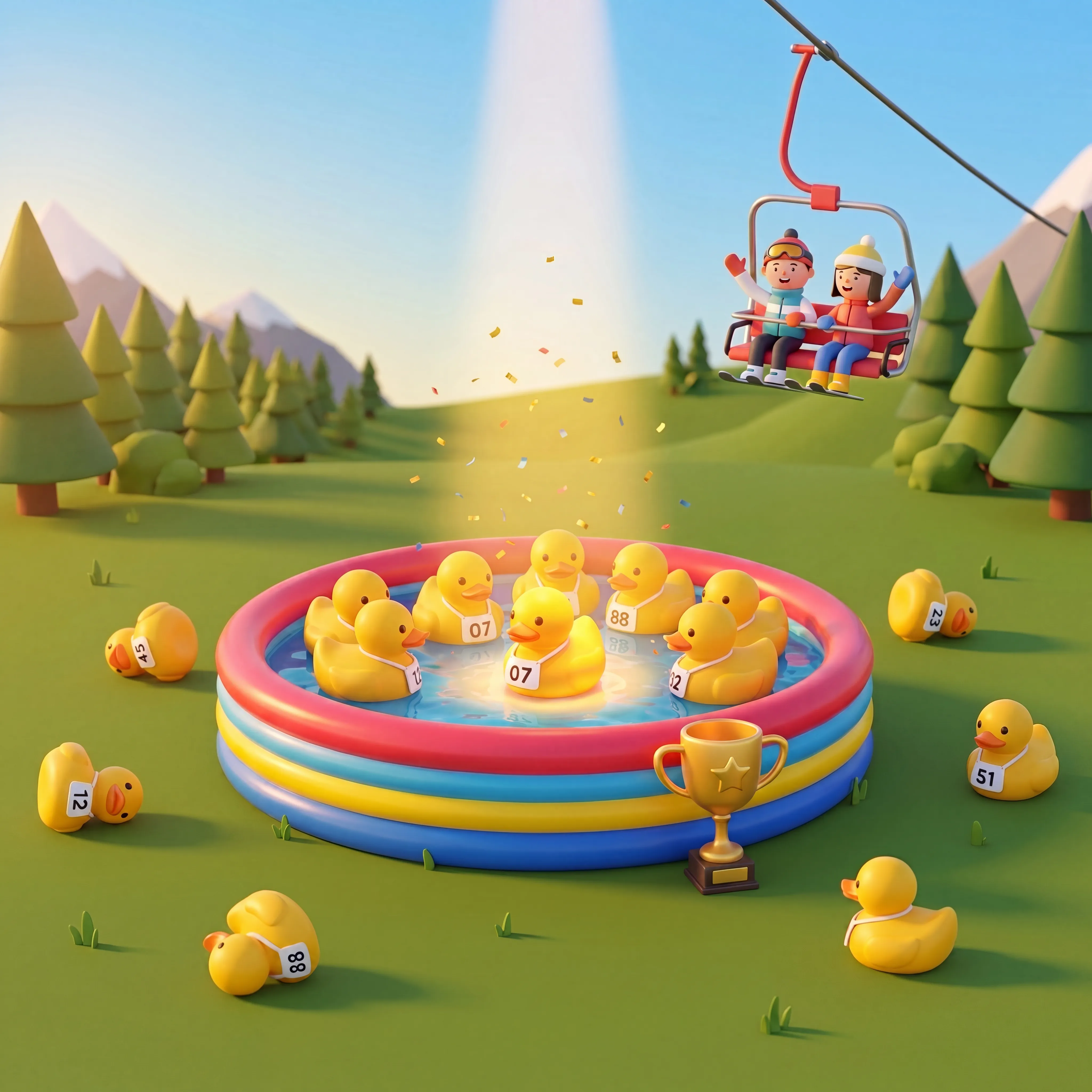 The winning duck drawn from a kiddie-pool target, beside a small trophy